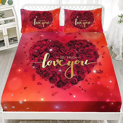 AILONEN Red Rose Fitted Sheet Set Queen Size, 3D Red Flowers Bed Sheet Set,Rose Hearts Sheet Sets,Valentine Glitter Fantasy Hearts Sheet 3-teilig, 1 Spannbetttuch und 2 Kissenbezüge