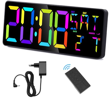 SZELAM Digitale Wanduhr Mit Großem 13,6 RGB-Display, Fernbedienung, 11-Farben-Anzeige, Doppelalarm, Count-Up/Down-Timer, Lautstärkeregelung, LED-Uhr Für Heimbüro, Schlafzimmer