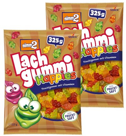 nimm2 Lachgummi Happies – 2 x 325 g – Fruchtgummis mit Fruchtsaft und Vitaminen – Süßigkeit in sechs Geschmacksrichtungen
