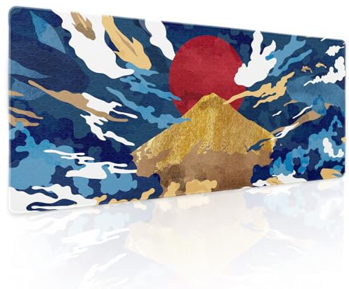 Blue White Japanese Anime Gaming Mouse Pad XL Aesthetic Gold Mountian Red Sun Extended Big Large Desk Mat Non-Slip Rubber Base Stitched Edge Long Keyboard Mousepad for PC Computer,31.5×11.8 Inches