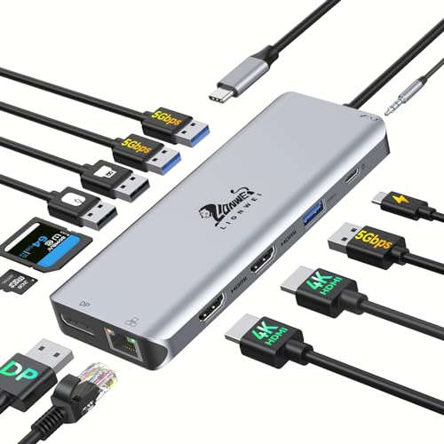 Docking Station USB C Laptop Dockingstation Triple Display 13 in 1 Adapter mit 2 HDMI, DisplayPort, USB3.0, USB2.0, 100W PD, Ethernet, SD/Micro SD Kartenleser, 3.5mm Audio/Mic,USB C Hub für Dell/HP
