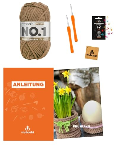 myboshi Häkelset Osterkorb Frühling für Anfänger, inkl. No.1 Wolle, Häkelnadeln, Maschenmarkierer, Anleitung, Label 30% Merinowolle, Braun (Ocker) mit Häkelnadel