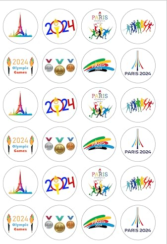24 Pre-Cut Olympics France 2024 Themed Edible Wafer Paper Cake Toppers Decorations