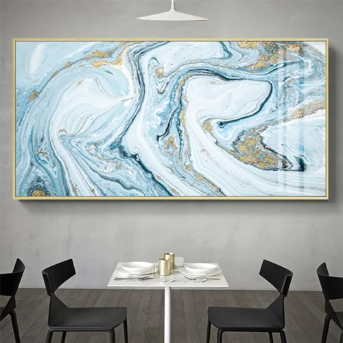 KXHHYB Abstraktes Leinwandbilder Groß Blau Gold Marmor Bild auf Leinwand Abstrakte Kunstdruck Wohnzimmer Wandbilder Blau Textur Poster,Ohne Rahmen (A,80x160cm)