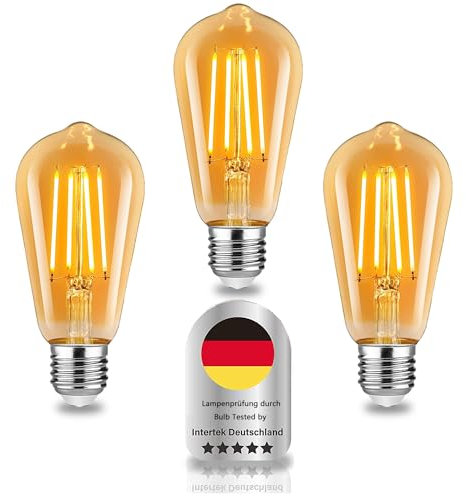 Wenscha E27 Edison Glühbirnen Vintage nicht dimmbare Led Schraublampen Bernstein Glas 2700K Warmweiß 6W (60W Äquivalent) Energiesparendes Licht, 3Stück