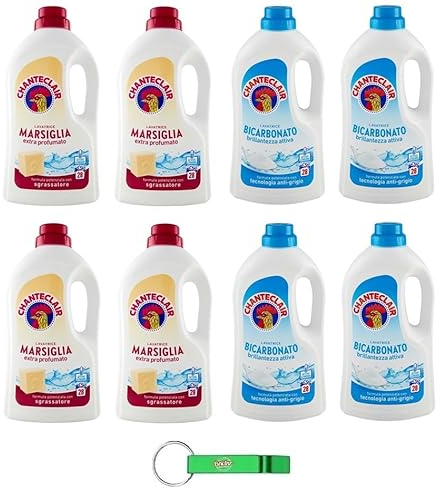 8 confezioni di test Chanteclair Lavatrice Marsiglia + bicarbonato – detersivo liquido per lavatrice – detersivo – 28 lavaggi 1260 ml + portachiavi Beni Culinari