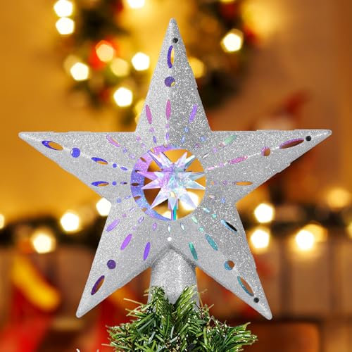 Quntis Christmas Tree Topper Star with 3D Stereoscopic Rotating Projector and Dazzling Lights for Christmas Tree Decoration Light Xmas Gift -Argent