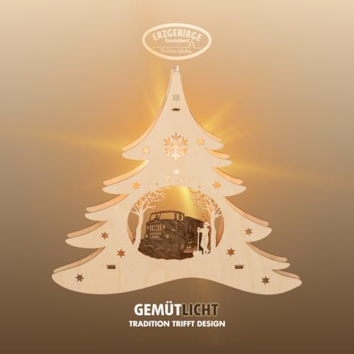 weigla - Fensterbild original Erzgebirge Tannenbaum Winterdienst IFA W50 I Weihnachtsdeko Fenster I 1 Lampe I 7 W, E14 I Fensterbild Weihnachten I Weihnachtsbeleuchtung Holz I Fensterdeko hängend
