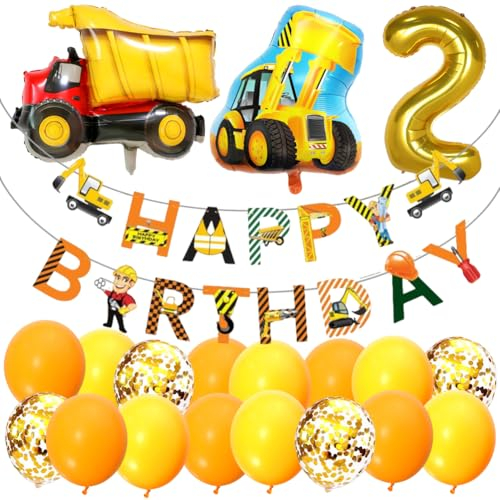 Bagger Luftballons, Geburtstagsdeko 2 Jahre Folienballon,Bagger Geburtstag Deko,Auto Geburtstag Deko 2. Truck Happy Birthday Folienballons für Junge Bagger Deko Kindergeburtstag 2