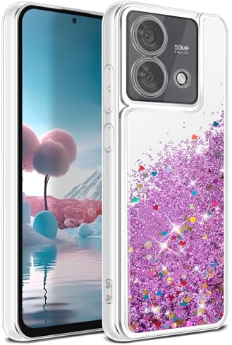 Qiinogow Hülle Kompatibel mit Moto Edge 40 Neo, Glitzer Hülle mit Treibsand fließender Flüssigkeit, Klar Transparent TPU Gel Silikon Stoßfest Schutzhülle (Violett)