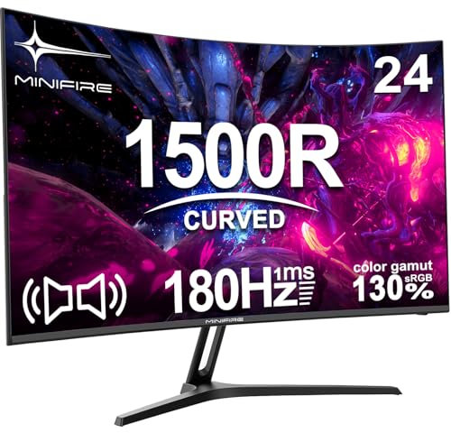Minifire 24 Zoll Curved Gaming Monitor 180Hz, 1ms, FHD PC Bildschirm 1500R, Mit Lautsprechern, FreeSync, HDR, 130% sRGB, Rahmenlos, HDMI2.0/DP1.2 Ports -Schwarz (MFG24C1 mit HDMI-Kabel)