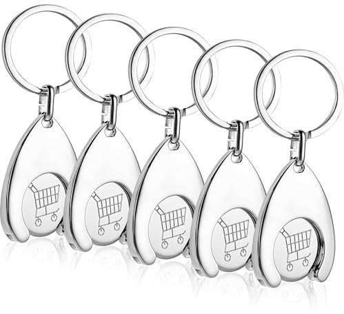 WOUMON 5 Stück Einkaufswagenlöser Schlüsselanhänger, Abziehbar Einkaufswagenchip, Edelstahl Einkaufswagen-Token, Metall Schlüsselanhänger Einkaufschip (Stil 1)