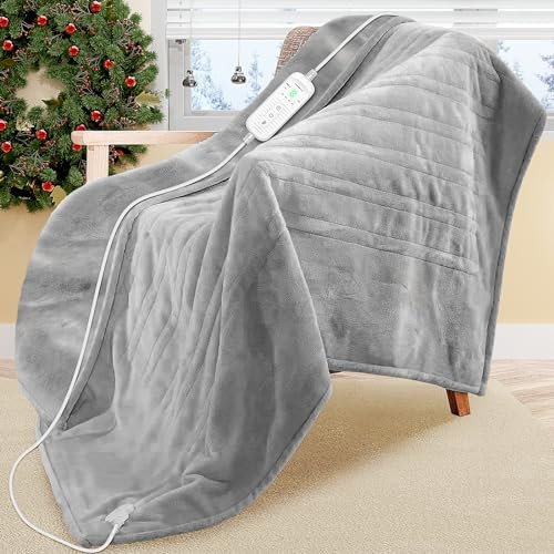 QUIQEI Heizdecke mit Abschaltautomatik 150x130cm,Elektrische Wärmedecke Heizdecke aus Plüsch,6 Timerfunktion,9 Temperaturstufen, Flanell Waschbar, Überhitzungsschutz,Grau 1.5KG.