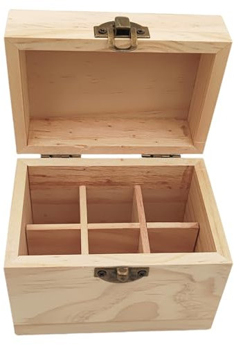 Anktily Caja organizadora de almacenamiento de madera sin terminar con 6 compartimentos con tapa, 11 x 7,5 x 9,5 cm, caja de madera sin pintar para pequeños recuerdos, joyas, bolsa de té