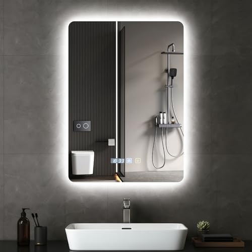 Bathroom Mirror with LED Lights 50×70cm,Illuminated Bathroom Mirror with Anti-fog,Wall Mounted Vanity Mirror with Touch Switch,3 Color Dimmable,Time Display,Horizontal/Vertical