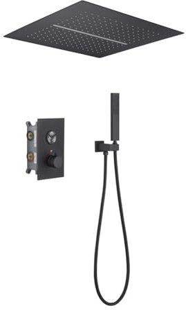 Miscelatore Termostatico Incasso per Doccia Nero 400 X 400Mm Miscelatore Doccia a Cascata con Bocca da Incasso a Soffitto, 3 Vie(Bifunzionale-Tre funzioni