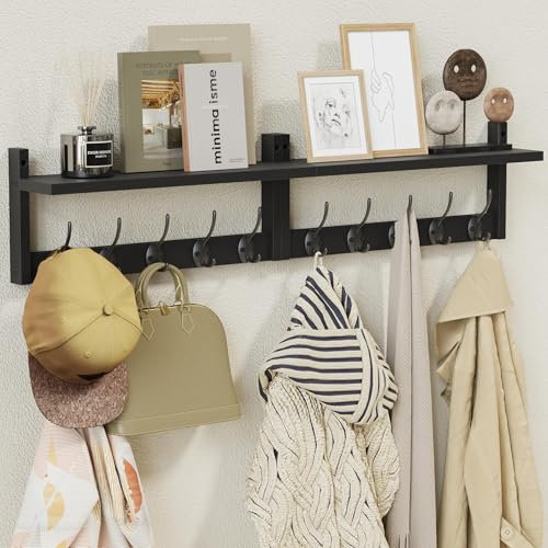 AMBIRD 87cm Extra Wooden Wall Coat Rack with Shelf - Elegant and Functional Wall-Mounted Storage Solution with 10 Hooks for Coats, Hats, Keys, Scarves - Perfect for Entryway, Bedroom, Closet (Black)