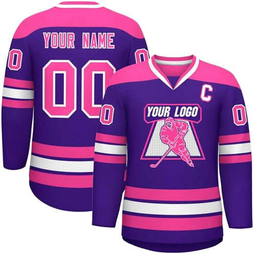 KONG JIMFAN Eishockey Trikot Personalisiertes,Hockey Kostüm für Erwachsene Locker Atmungsaktiv Eishockey Trikots mit Eigenem Namen Nummer Logo,Sporttrikot für Fans(#C Purple)