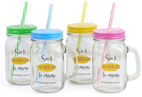 Pack de 6 a 24 uds, Jarras de Cristal con Frases Agradecimiento, Asa y Pajita, 480 ml, 13,5 x 7 cm, Modelos Surtidos No Personalizables, Detalles de Boda para Invitados, Regalantes (24, Surtido)
