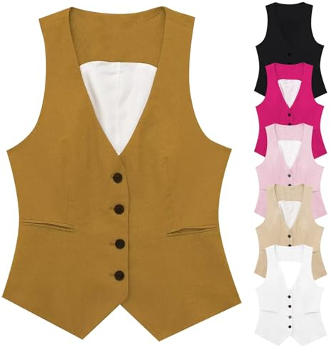 HUIFUAO Gilet en lin pour femme - Grande taille - Col en V - Gilet sans manches - Veste habillée pour le travail et le bureau - Gilet léger à 4 boutons