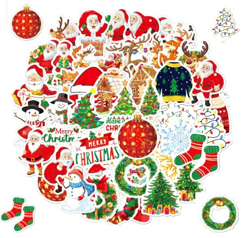 50STK Weihnachten Sticker Holografische Vinyl Aufkleber Basteln Zubehör | Weihnachtsmann Schneemann Schneeflocke Weihnachtsbaum Rentiere Design, Wasserdicht Aufkleber für Scrapbook Lapto Skateboard