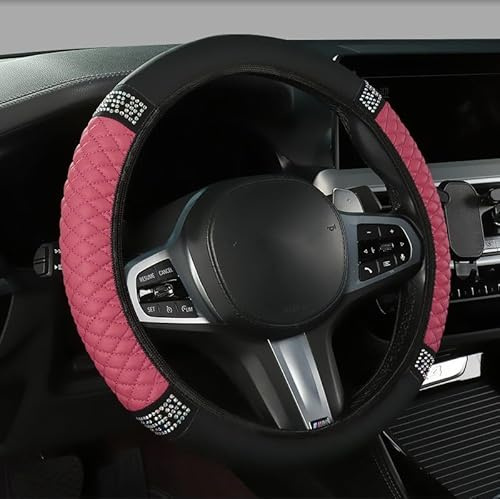 Pink Steering Wheel Cover 38cm Universal Car Wheel Cover PU Leather Anti-Slip Breathable with Diamond Design Elegant Grip