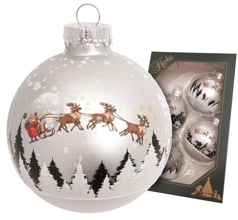Krebs Glas Lauscha - Weihnachtsdekoration/Christbaumschmuck aus Glas - Silberne Weihnachtskugeln - Motiv: Santa fliegt über den Wald - 4 Stück - Größe: 7cm