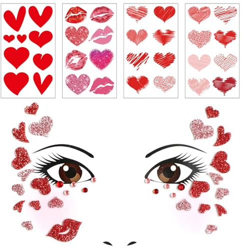 5 Stück LOVE-Herz Face Art Sticker,Temporäre Liebe Herz Tattoo Aufkleber,Ablösbare Glitzer Diamant Gesicht Aufkleber,Damen Kostümzubehör,für Karneval Hochzeit Geburtstag Valentinstag Party Dekorative