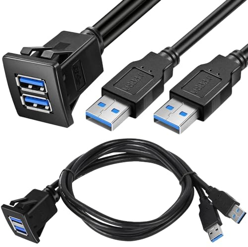 HAAMNING7 USB3.0 Square Panel Mount Cable, Dual USB 3.0 Male to Female AUX Flush Panel Mount Extension Cable with Buckle for Car, Boat or Motorcycle (3FT/1m)