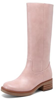DREAM PAIRS Stivali da equitazione da donna, punta quadrata, plateau, tacco largo, altezza al ginocchio, Rosa, 39 EU