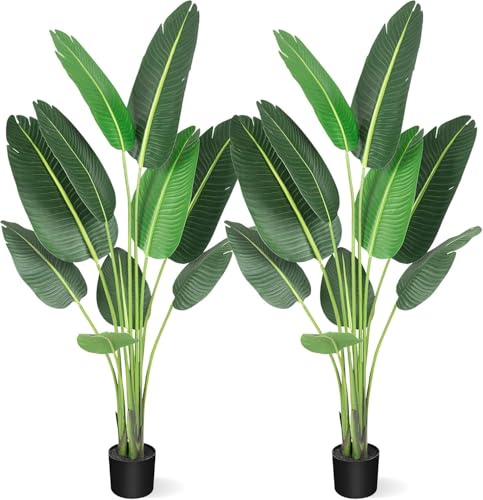 Aptliton Realistic Bird of Paradise Artificial Tree Set of 2, 5ft Faux Banana Plant with 10 Trunks in Pot, Indoor Outdoor Tall Fake Plant for Home, Living Room, Office, 2 PCS
