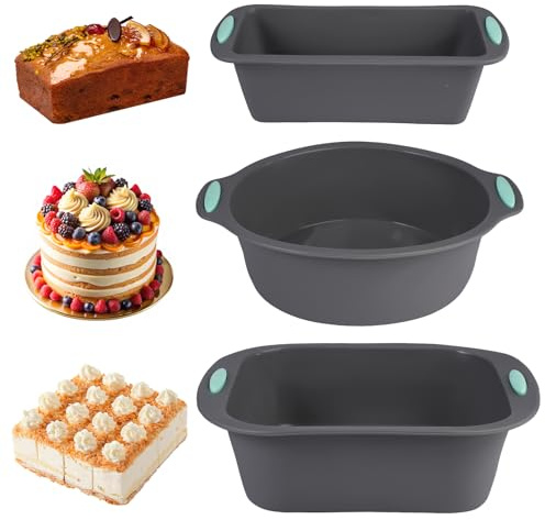 3 Piezas Pequeño Molde Silicona Bizcocho,Reutilizable Moule Gateau Silicone | Antiadherente Moldes Silicona Reposteria, Fácil de Limpiar, para Tartas, Panes y Brownies(Redondo, Rectangular,Cuadrado)