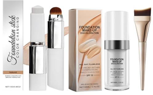 2PCS Liquid Color Changing Foundation + Changing Foundation Stick mit Pinsel – Korean Foundation Stick mit Farbwechsel-Technologie, Feuchtigkeitsspendender Concealer Stick mit LSF15,Farbton Natural