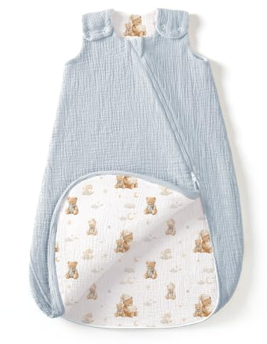 lulumoon Baby Schlafsack Musselin 0.7TOG: Luftig & dünner Sommerschlafsack | YKK 2-Wege-Reißverschluss für Windelwechsel - Baumwolle Babyschlafsack verhindert Hitzestau - Baby 0-24 Monate OEKO-TEX