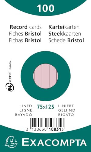Exacompta - Réf. 10831X - Paquet de 100 fiches bristol lignées non perforées - sous film - compatibles avec imprimante jet d'encre, laser et photocopieur - format 75 x 125 mm - couleur rose