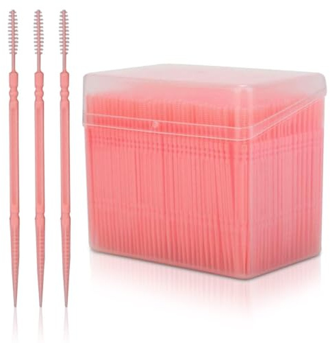1100 Stück Kunststoff-Zahnstocher, runde Doppelkopf-Zahnstocher, runde Zahnreinigungsseide, Zahnseide, Zahnstift, Interdentalbürsten, Party-Zahnstocher mit Aufbewahrungsbox für die Mundpflege (Rosa)
