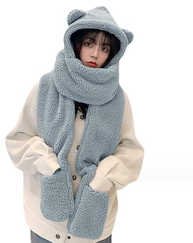 Ensemble 3 en 1 Chapeau Echarpe Moufle Femme Fille Bonnet Hiver Chaud en Peluche Chapeau Chapka Cagoules avec Foulard et Gants Cache Oreilles Capuche Bonnet de Ski Voyage Noël Outdoor
