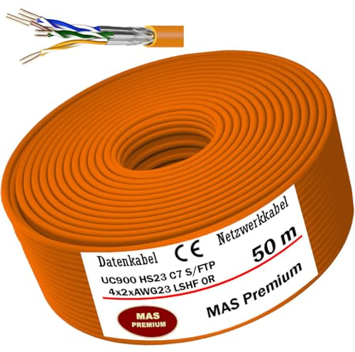 MAS Premium CAT 7 oder CAT 7 A Datenkabel von 5m bis 500m Netzwerkkabel Installationskabel Halogenfrei Kommunikationskabel Verlegekabel LAN Kabel (UC900 4X2XAWG23 OR, 50m)