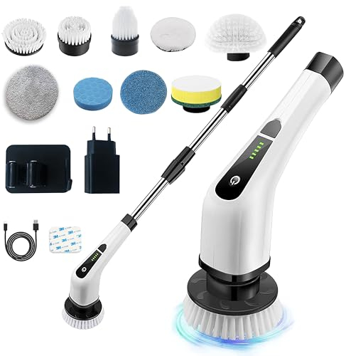 BAMBOLIAM - Spazzola Elettrica Rotante senza Fili - Spazzola per Pulizia, Mocio Elettrico senza Cavi, Per Pulire Casa Bagno Cucina, Con Prolunga Estendibile, 9 Testine, Caricatore e Gancio Adesivo