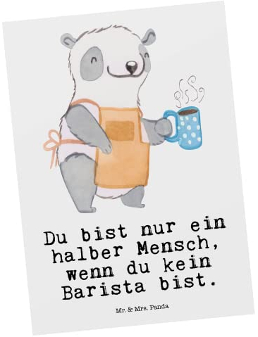 Mr. & Mrs. Panda Postkarte Barista Herz - Geschenk, Kaffee, Ausbildung, Einladungskarte, Arbeitskollege, Grußkarte, Dankeskarte, Beruf, Eröffnung