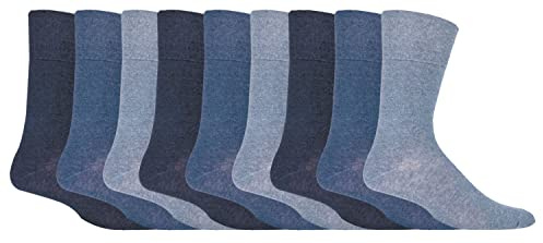 Gentle Grip 9 Pairs Men's Non Elastic Cotton Socks - Soft, Loose Top Socks | Diabetic Friendly (6-11, Blue)
