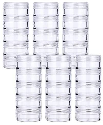 SUMTree 6 Packs 5 Slot Clear Plastic Round Storage Jars, Container for Beads, Diamond Painting, Mini Beads, Mini Organizing Jar for Sewing Cosmetic Nail Glitter Powder Small Parts Rhinestones, Mediium