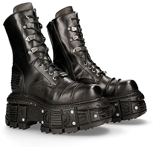 New Rock Stivali Unisex Piattaforma Fibbie Cerniera Nero TANK Metallic Collection Black Imperfect Woman Man Boots M-TANK005C-C1 (numeric_38), Nero , 38 EU