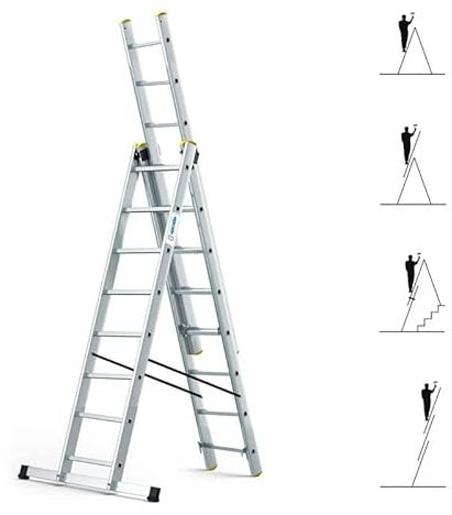 Echelle Transformable 3 Plans StablePro 3x8 marches Aluminium Extensible coulissante, 6 Positions, Hauteur Travail Max 5,05m, Garantie 5 Ans, Hostrom