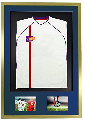 Vivarti DIY 3D Mounted + Double Aperture Sports Shirt Display Gold Frame with Colour Mounts (Adult, 61 x 91.5cm - Gold Frame, Blue Mount, Black Backing Card)