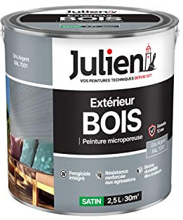 Julien Peinture Bois Microporeux Extérieur Satin - Portes, fenêtres, portails, mobilier de jardin - Gris Argent 2,5 L