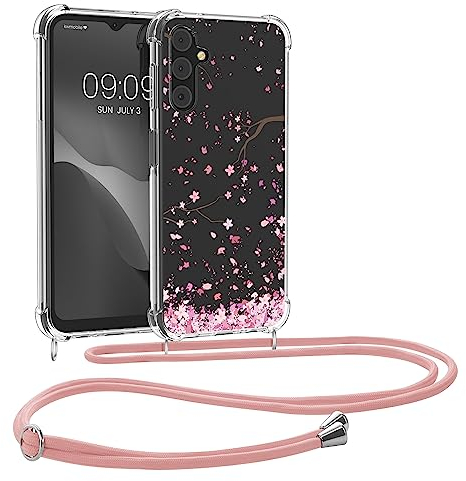 kwmobile Necklace Case kompatibel mit Samsung Galaxy A14 5G Hülle - Silikon Cover mit Handykette - Rosa Dunkelbraun Transparent Kirschblütenblätter