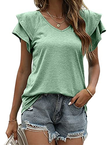 KCatsy Women Cotton Bohemia Daisy Floral Flower Pattern Solid Marled Colour Plain Layer Ruffle Short Sleeve Summer Top V-Neck Shirt Loose T-Shirt Cottagecore Tee Blouse C Solid Bright Green L 12