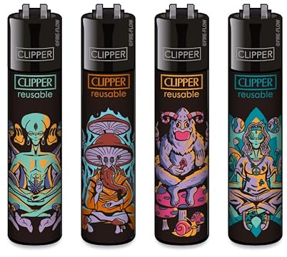 Clipper Feuerzeuge 4er Set + 1x DHOBIA Feuerzeug (Alien Guru)