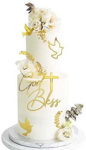 BETESSIN 1 Set Kuchendeko Kreuz Gold Acryl Taufe Torte Deko Taube Cake Topper God Bless Spiegel Kuchen Dekoration Set Kuchenaufsatz für Kommunion Geburtstag Babyparty Hochzeit